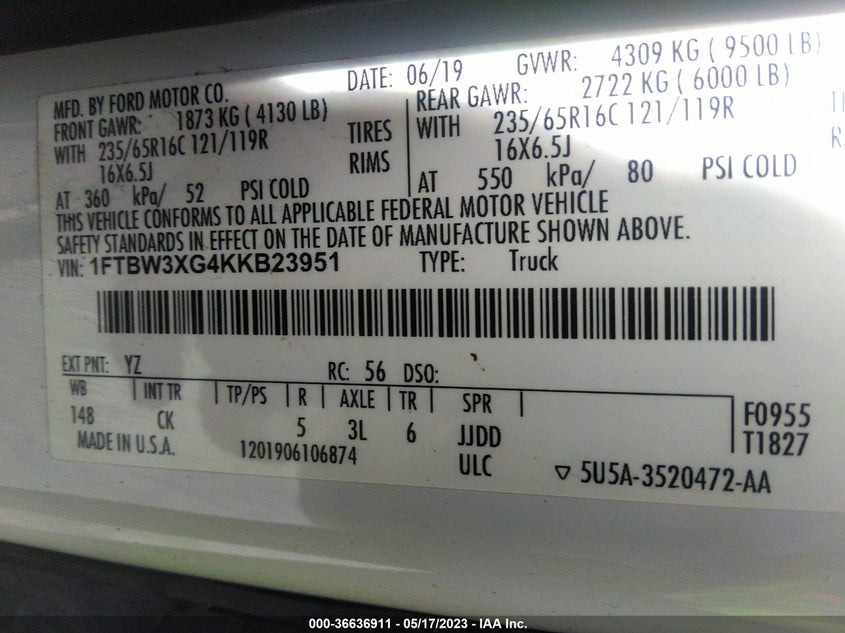 VIN 1FTBW3XG4KKB23951 2019 FORD TRANSIT VAN