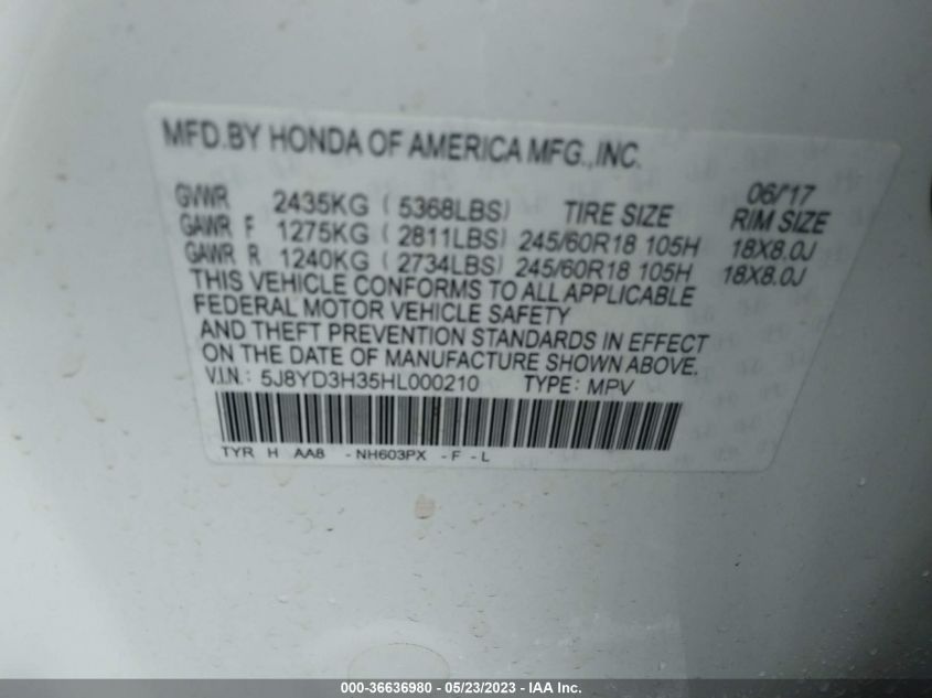 2017 ACURA MDX - 5J8YD3H35HL000210