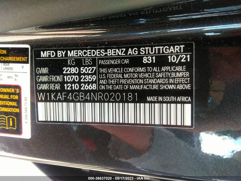 2022 MERCEDES-BENZ C-CLASS C 300 - W1KAF4GB4NR020181