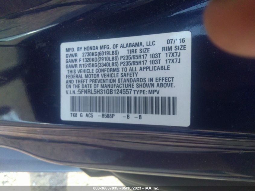 2016 HONDA ODYSSEY SE - 5FNRL5H31GB124557