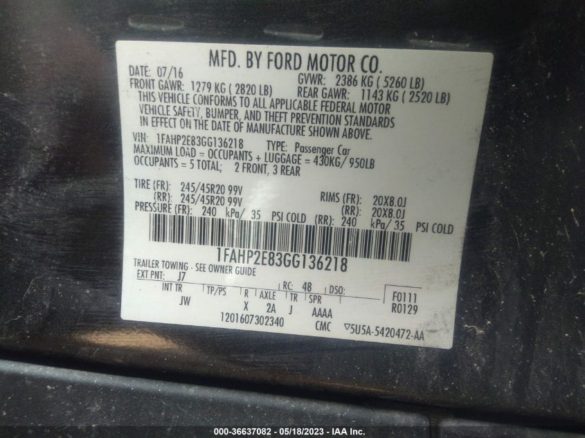 2016 FORD TAURUS SEL - 1FAHP2E83GG136218