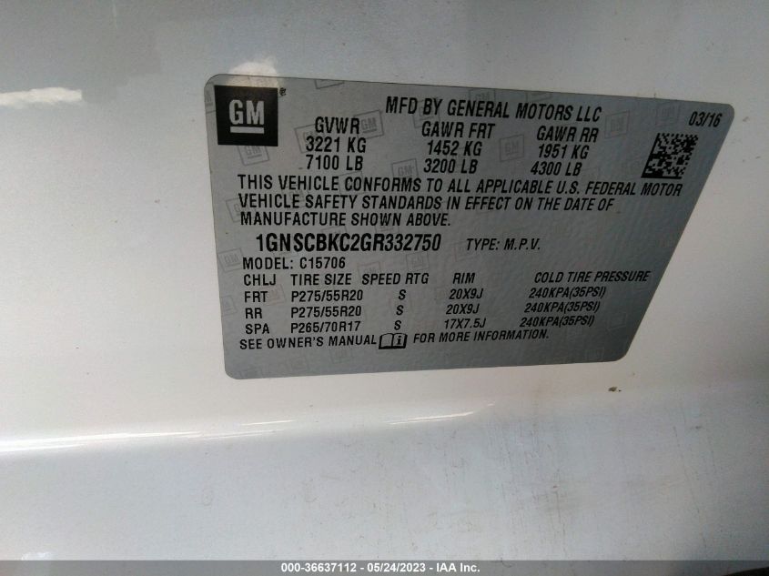 2016 CHEVROLET TAHOE LT - 1GNSCBKC2GR332750