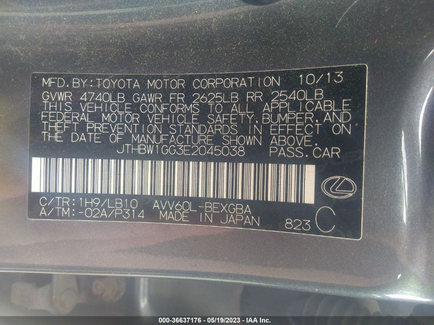 2014 LEXUS ES 300H HYBRID - JTHBW1GG3E2045038