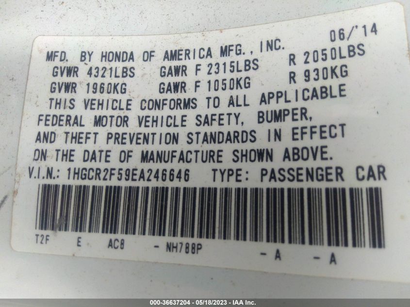 2014 HONDA ACCORD SEDAN SPORT - 1HGCR2F59EA246646