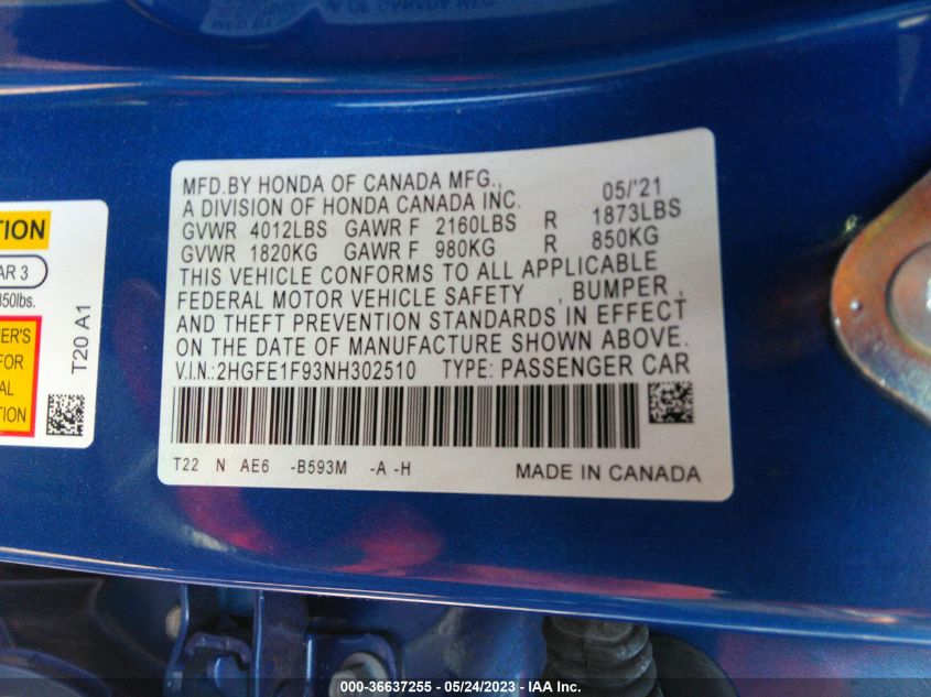 2022 HONDA CIVIC SEDAN TOURING - 2HGFE1F93NH302510