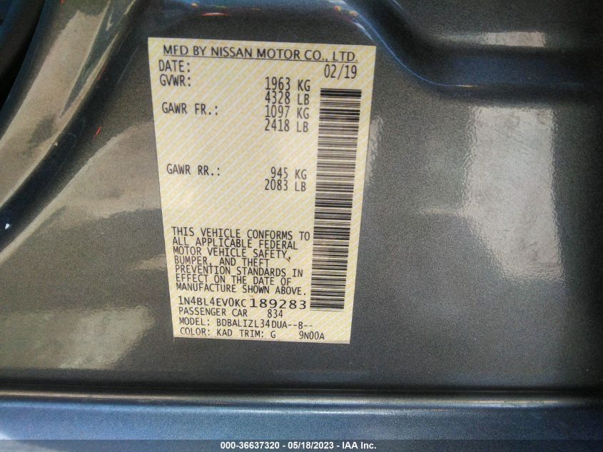 2019 NISSAN ALTIMA 2.5 SL - 1N4BL4EV0KC189283