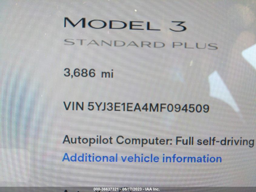 2021 TESLA MODEL 3 STANDARD RANGE PLUS - 5YJ3E1EA4MF094509