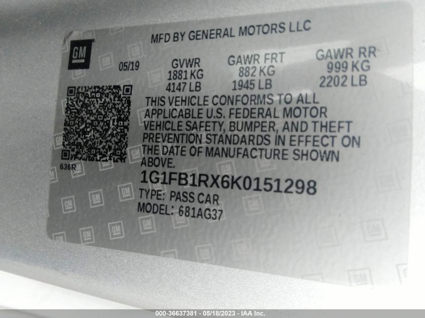 2019 CHEVROLET CAMARO 1LT - 1G1FB1RX6K0151298