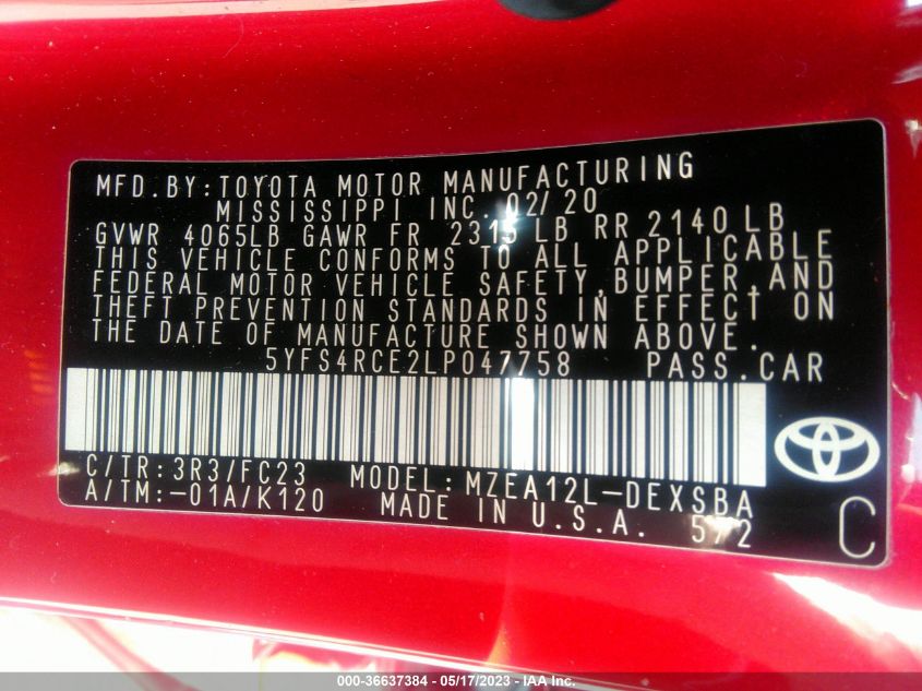 2020 TOYOTA COROLLA SE/NIGHTSHADE - 5YFS4RCE2LP047758