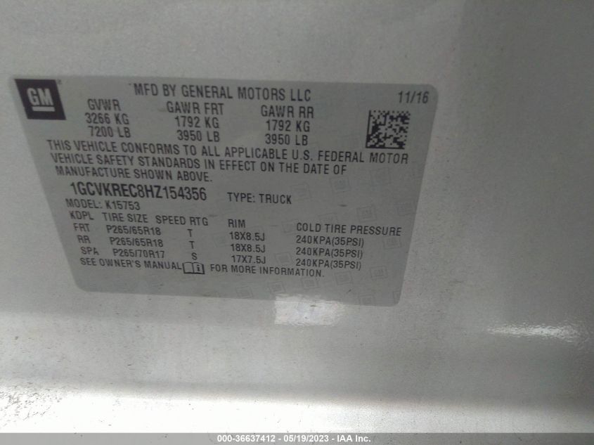 2017 CHEVROLET SILVERADO 1500 LT - 1GCVKREC8HZ154356