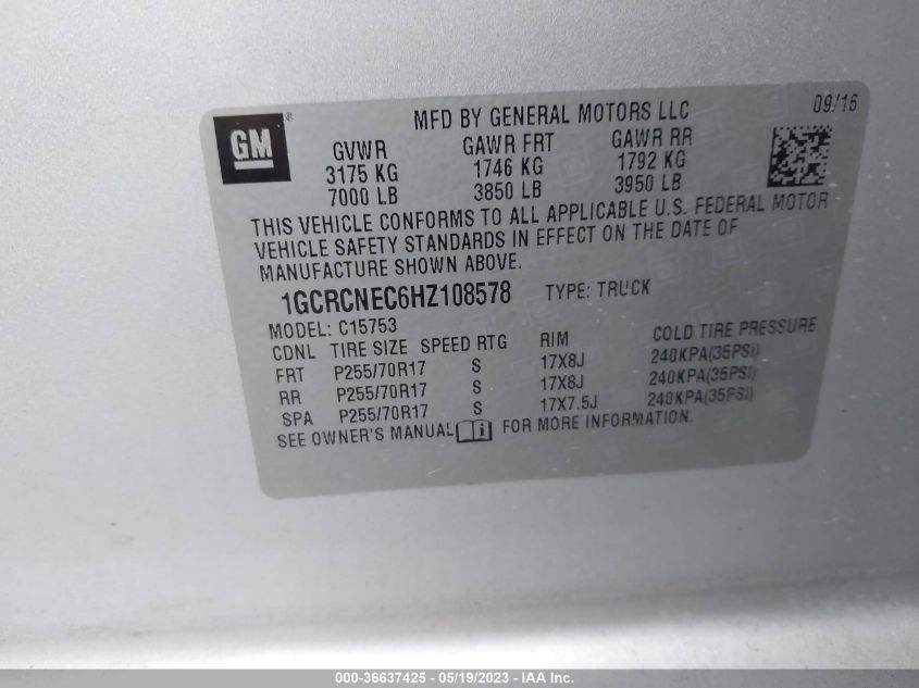 2017 CHEVROLET SILVERADO 1500 LS - 1GCRCNEC6HZ108578