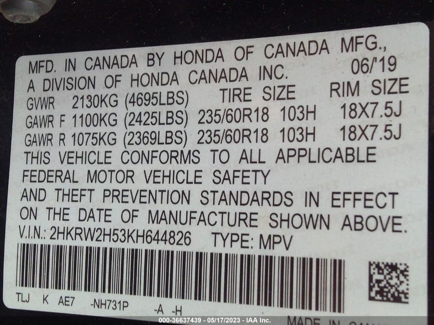 2019 HONDA CR-V EX - 2HKRW2H53KH644826