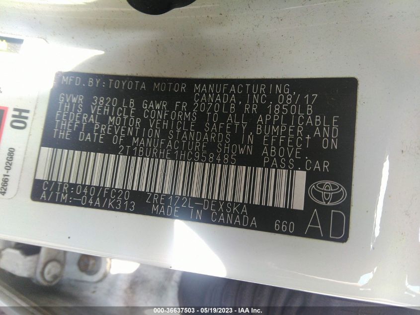 2017 TOYOTA COROLLA L/LE/XLE/SE - 2T1BURHE1HC958485