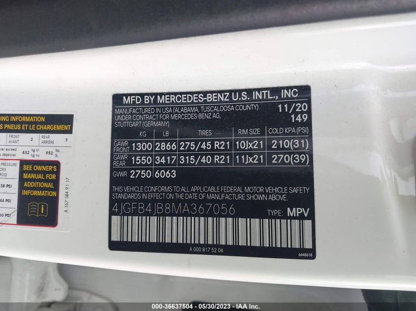 VIN 4JGFB4JB8MA367056 2021 MERCEDES-BENZ GLE GLE 350