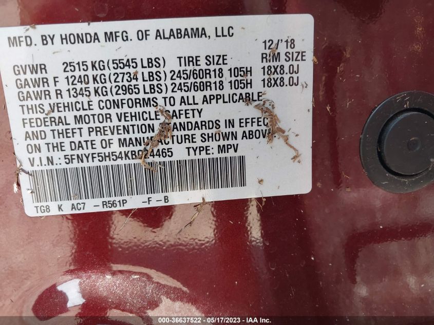 2019 HONDA PILOT EX-L - 5FNYF5H54KB024465