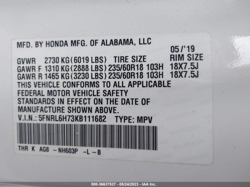 2019 HONDA ODYSSEY EX-L - 5FNRL6H73KB111682