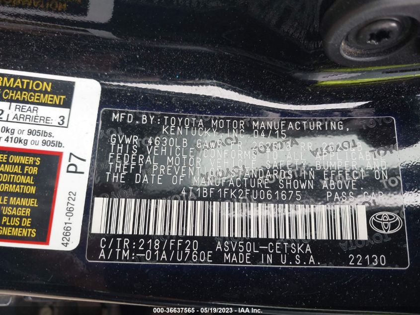 2015 TOYOTA CAMRY XLE/SE/LE/XSE - 4T1BF1FK2FU061675