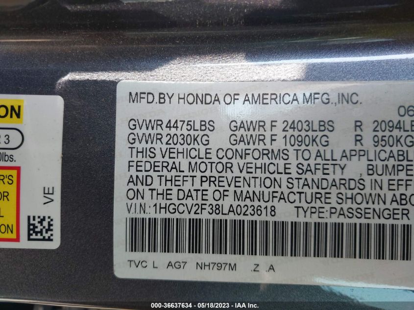 2020 HONDA ACCORD SEDAN SPORT - 1HGCV2F38LA023618