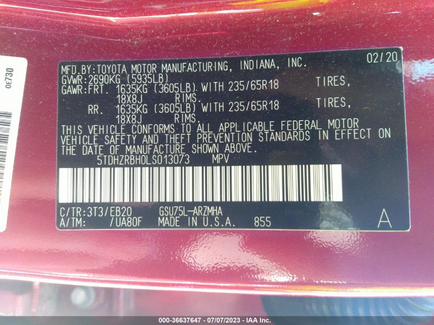 2020 TOYOTA HIGHLANDER XLE - 5TDHZRBH0LS013073