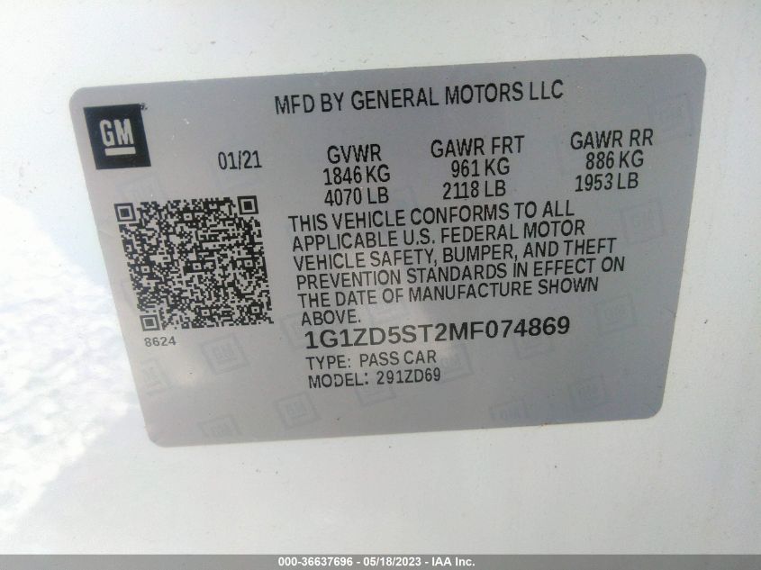 2021 CHEVROLET MALIBU LT - 1G1ZD5ST2MF074869