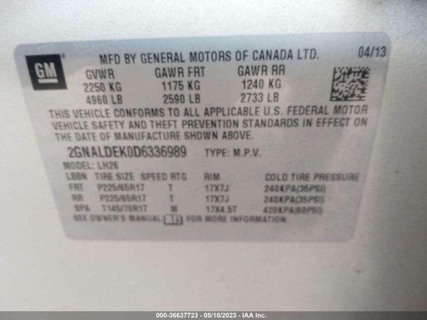 2013 CHEVROLET EQUINOX LT - 2GNALDEK0D6336989