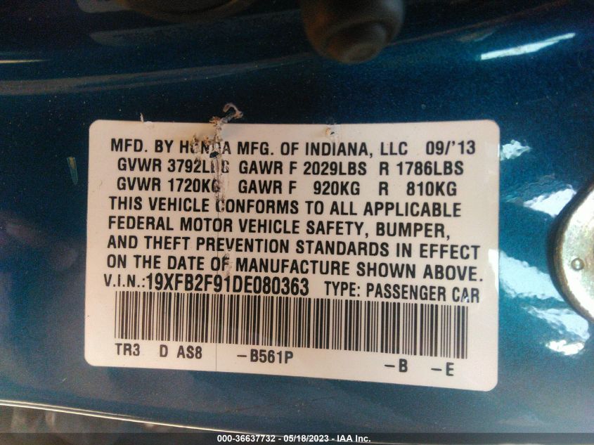 2013 HONDA CIVIC SDN EX-L - 19XFB2F91DE080363