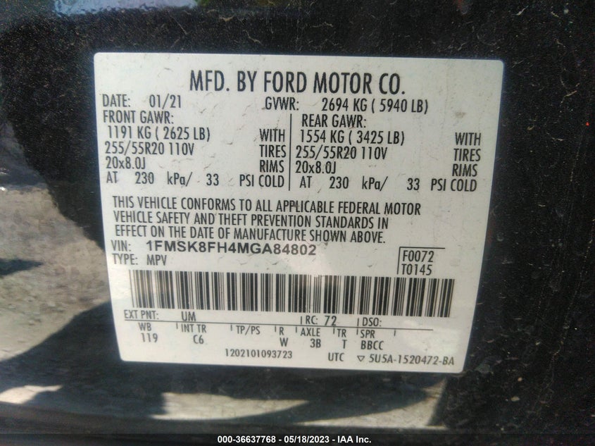 VIN 1FMSK8FH4MGA84802 2021 FORD EXPLORER LIMITED