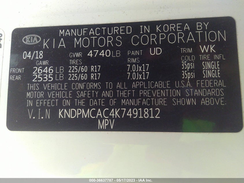 VIN KNDPMCAC4K7491812 2019 KIA SPORTAGE LX