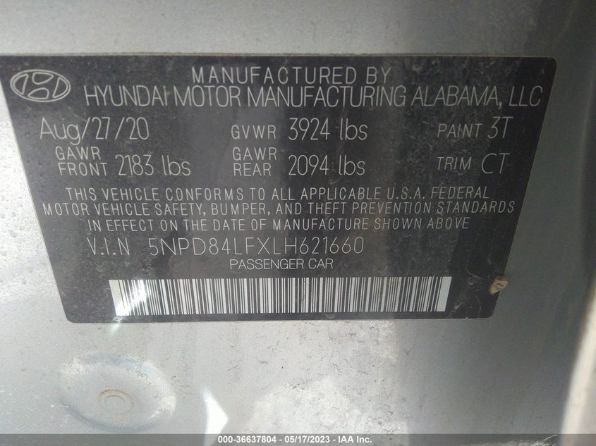 VIN 5NPD84LFXLH621660 2020 HYUNDAI ELANTRA SEL