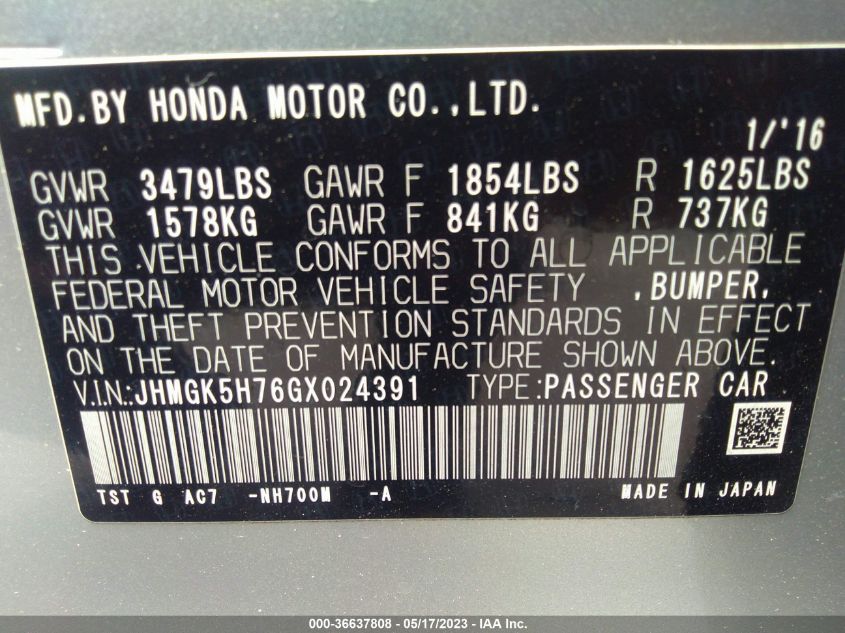 2016 HONDA FIT EX - JHMGK5H76GX024391