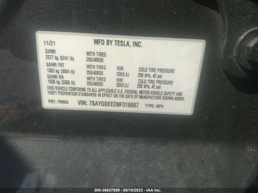 2022 TESLA MODEL Y LONG RANGE - 7SAYGDEE2NF316067