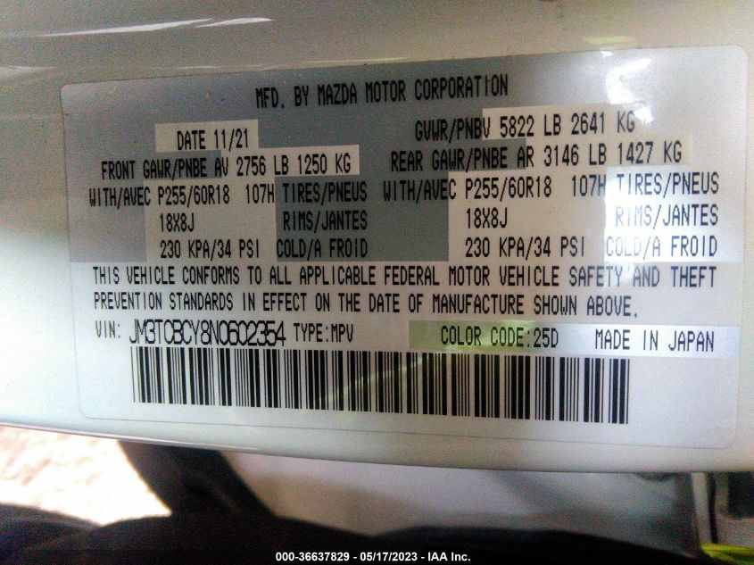 2022 MAZDA CX-9 TOURING - JM3TCBCY8N0602354
