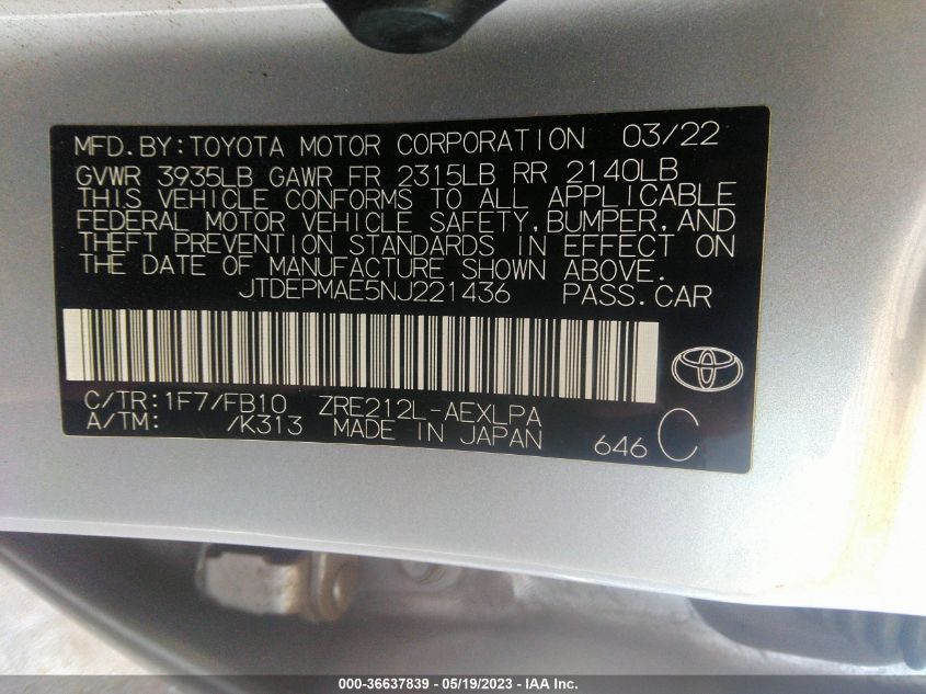 2022 TOYOTA COROLLA LE - JTDEPMAE5NJ221436