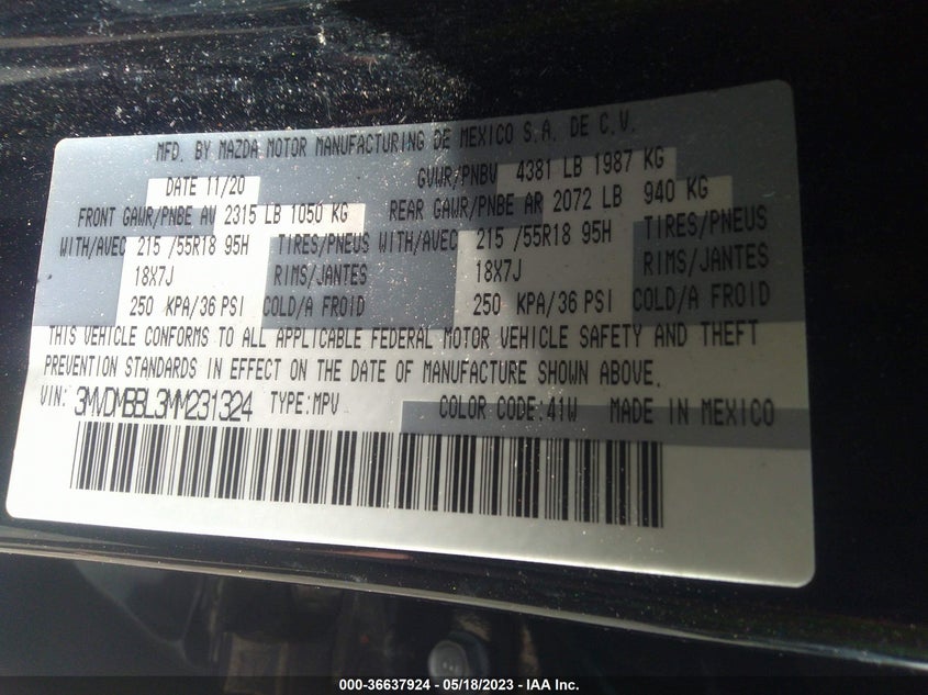 VIN 3MVDMBBL3MM231324 2021 MAZDA CX-30 SELECT