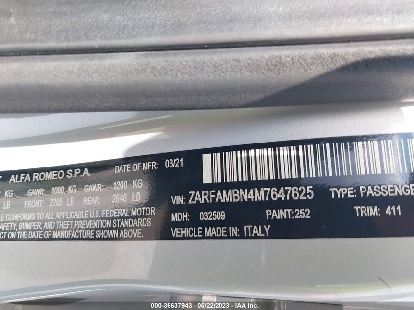 VIN ZARFAMBN4M7647625 2021 ALFA ROMEO GIULIA TI