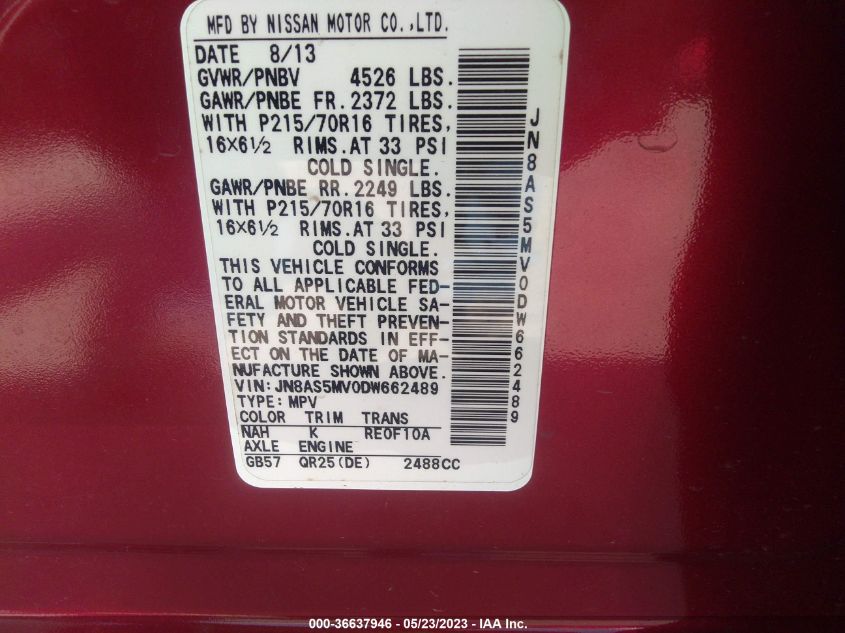 2013 NISSAN ROGUE S - JN8AS5MV0DW662489