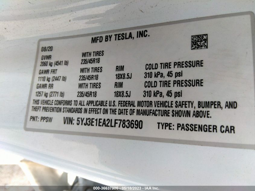 2020 TESLA MODEL 3 STANDARD RANGE - 5YJ3E1EA2LF783690