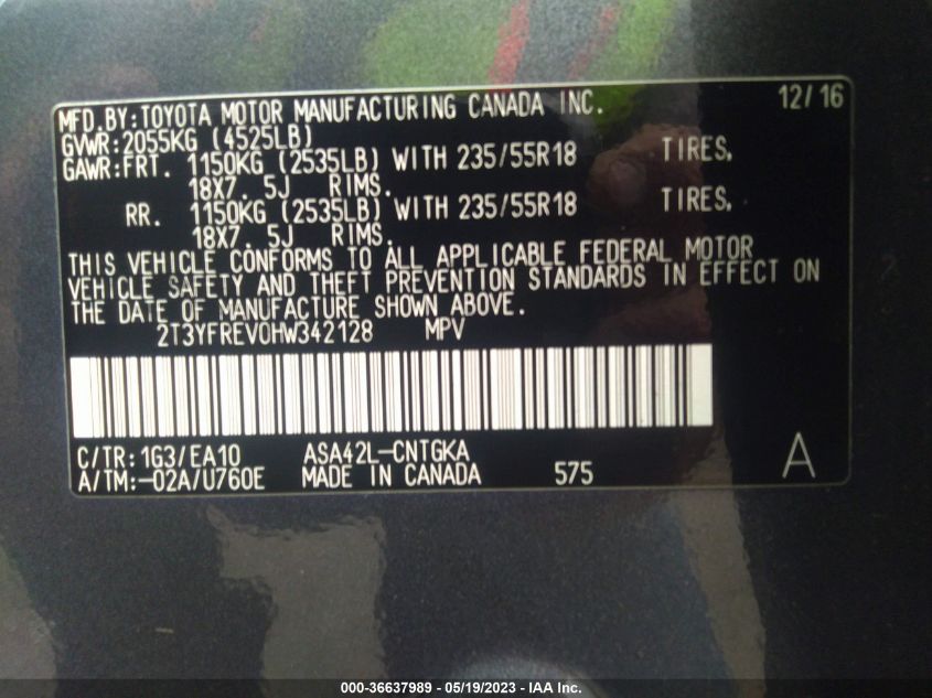 2017 TOYOTA RAV4 LIMITED/PLATINUM - 2T3YFREV0HW342128