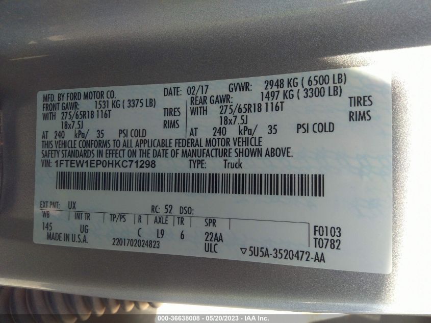 2017 FORD F-150 XL/XLT/LARIAT - 1FTEW1EP0HKC71298