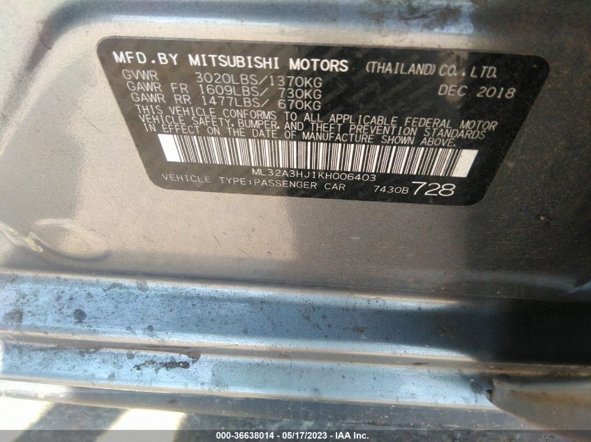 2019 MITSUBISHI MIRAGE ES/RF - ML32A3HJ1KH006403