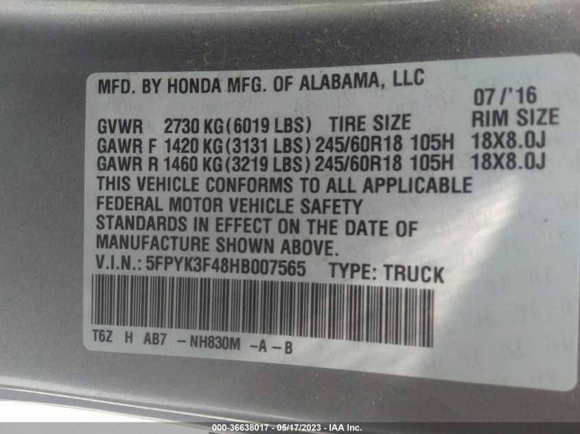 2017 HONDA RIDGELINE RTS - 5FPYA3F48HB007565