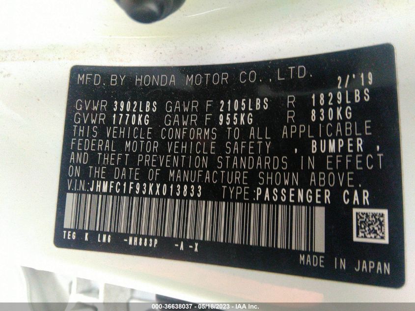 2019 HONDA CIVIC SEDAN TOURING - JHMFC1F93KX013833