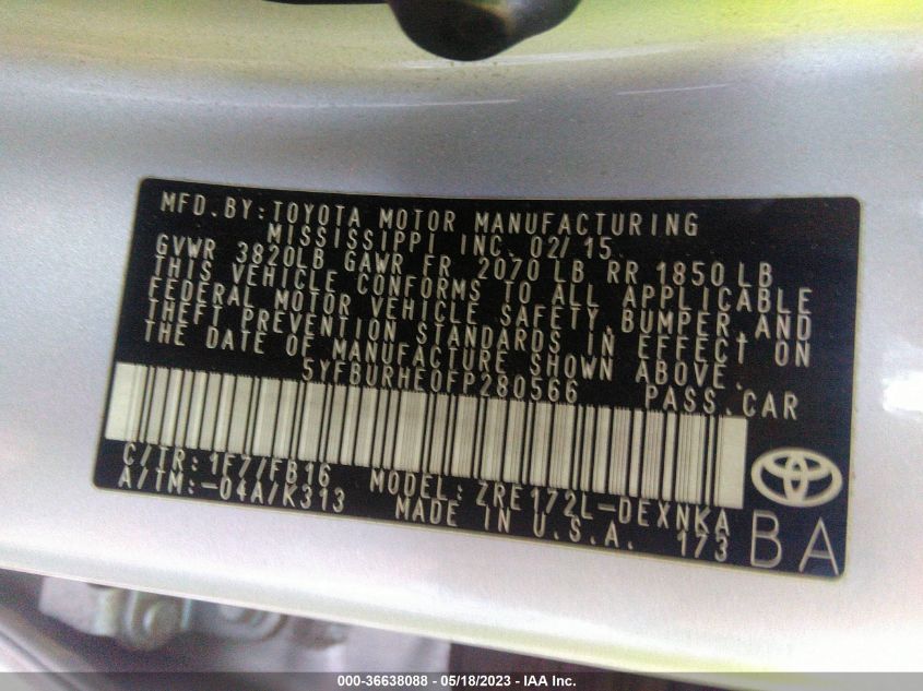 2015 TOYOTA COROLLA L/LE/S/S PLUS/LE PLUS - 5YFBURHE0FP280566
