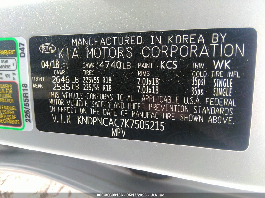 VIN KNDPNCAC7K7505215 2019 KIA SPORTAGE EX