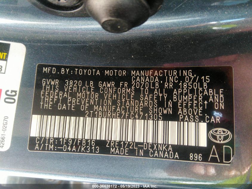 2015 TOYOTA COROLLA L/LE/S/S PLUS/LE PLUS - 2T1BURHE7FC471305