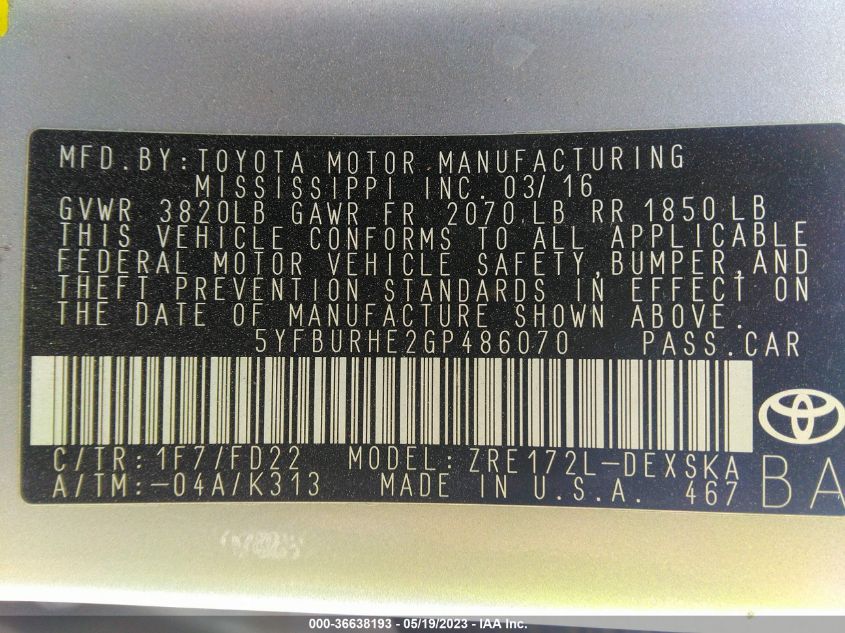 2016 TOYOTA COROLLA S - 5YFBURHE2GP486070