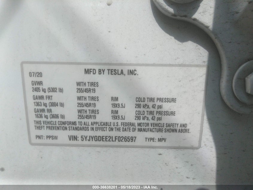 VIN 5YJYGDEE2LF026597 2020 TESLA MODEL Y LONG RANGE