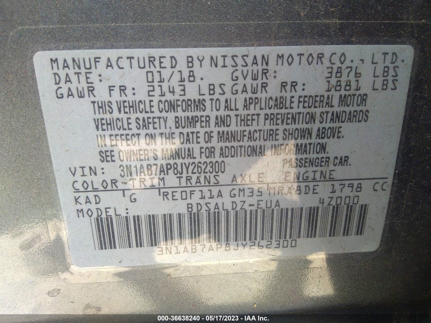 VIN 3N1AB7AP8JY262300 2018 NISSAN SENTRA SV