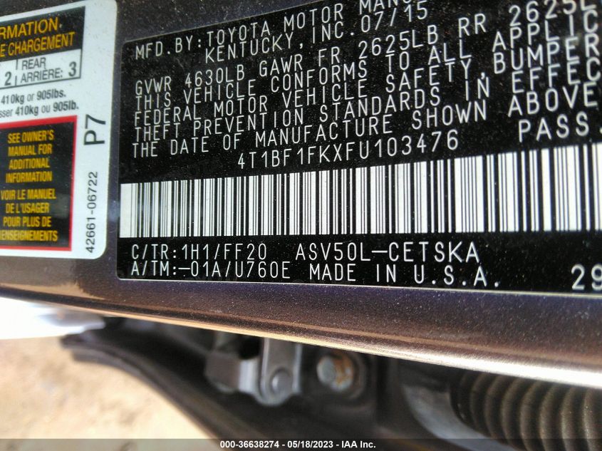 2015 TOYOTA CAMRY XLE/SE/LE/XSE - 4T1BF1FKXFU103476