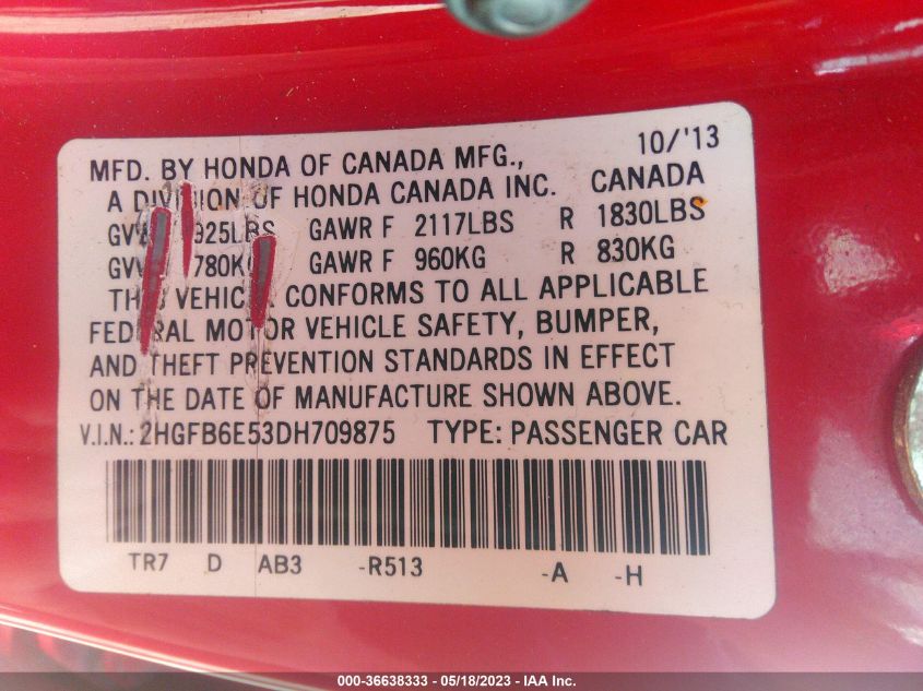 2013 HONDA CIVIC SDN SI - 2HGFB6E53DH709875